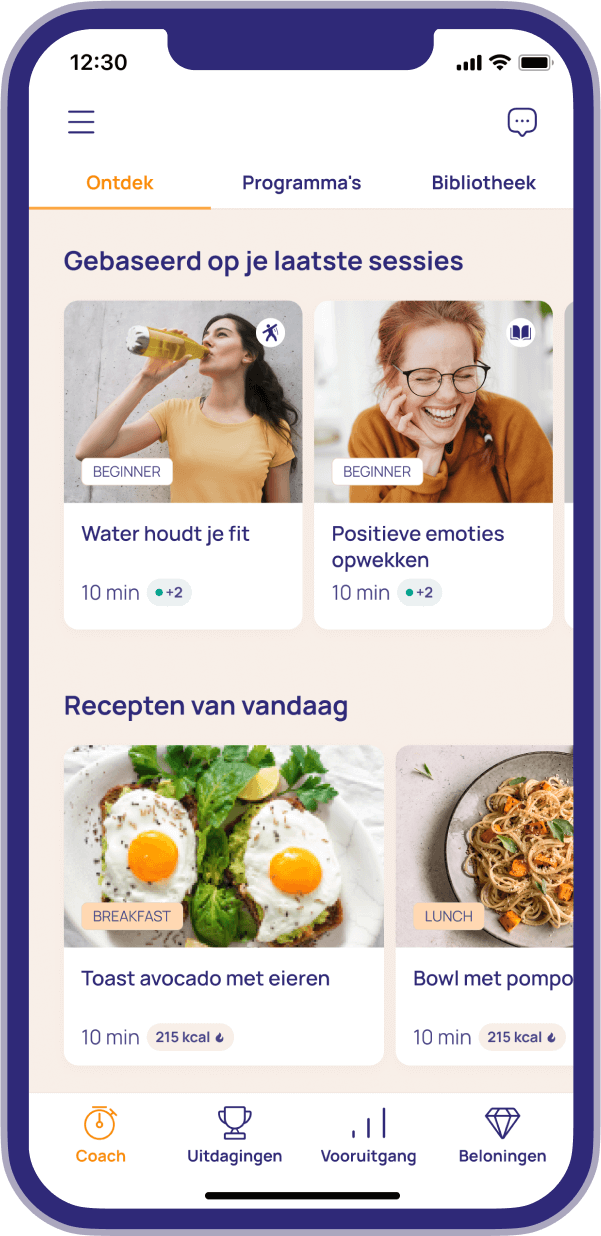 Vity App scherm met aanbevolen gezondheidsprogramma's